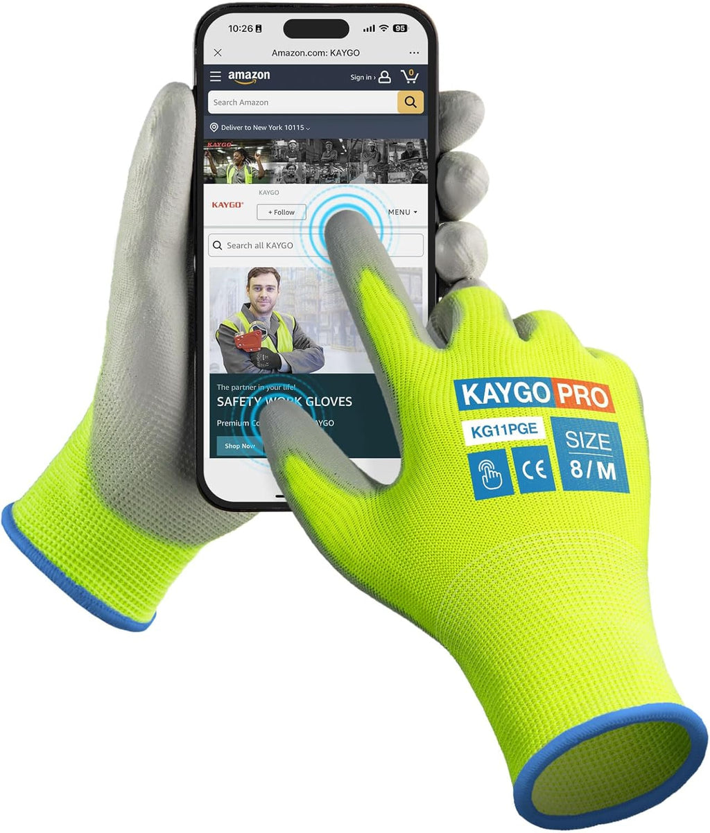 KAYGO Safety Work Gloves PU Coated for Men and Women- KG11P,12 Pairs,Seamless Knit Glove with Two Fingers Touchscreen,Ideal for General Duty Work (Green,M)