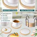 Wood Coasters for Drinks Housewarming Gifts for Home Decoration Absorbent Coasters with Holder for Coffee Tabletop Protection 4.3 Inch White