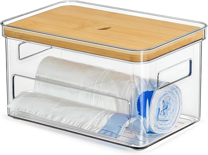 Acrylic Trash Bag Holder, Multi Purposes Clear Organizers and Storage with Bamboo Lid, Kitchen Paper Holder Stackable Toilet Tissue Storage