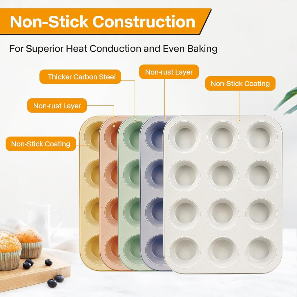 2-Pack Healthy Baking Cupcake Pan| Non Stick 12-Cup Muffin Pan | Durable & Easy Clean Muffin Tin | Perfect for Cupcakes, Muffins (Beige)