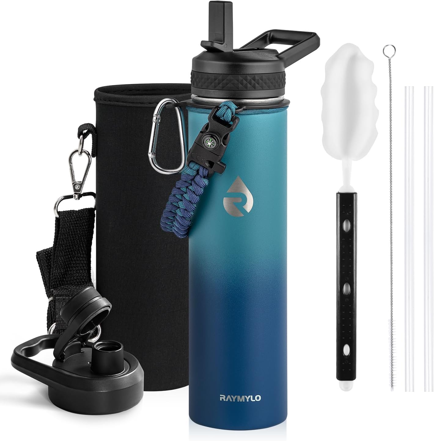 Insulated Water Bottle 24oz, Triple Wall Vacuum Stainless Steel (Cold for 48 Hrs, Hot for 24Hrs), Leak Proof & Non-BPA, 24oz Hydro Water Flask with Paracord Handle & Straw Spout Lids