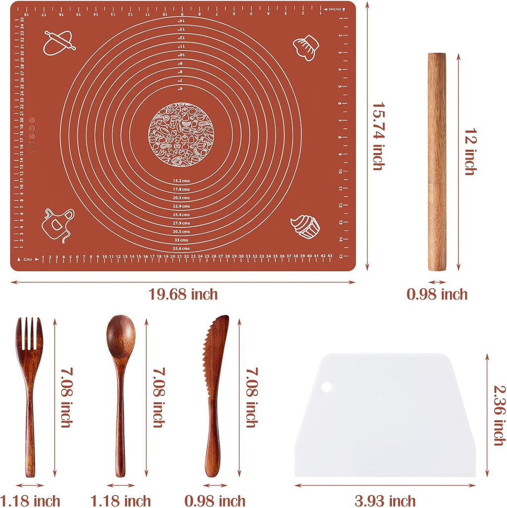 6PCS Silicone Baking Mat Set, Pastry Mat with Measurements Wooden Rolling Pin/Knife/Fork/Spoon/Scraper, Pasta Cutter,Non-slip Silicone Mat, Non-Stick Dough Mat for Counter,Kneading Mat Set,20"*16"