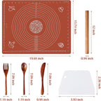 6PCS Silicone Baking Mat Set, Pastry Mat with Measurements Wooden Rolling Pin/Knife/Fork/Spoon/Scraper, Pasta Cutter,Non-slip Silicone Mat, Non-Stick Dough Mat for Counter,Kneading Mat Set,20"*16"