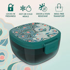 Bentgo Glass Prints All-in-One Salad Container - 61oz Tinted Glass Salad Bowl with Lid, Bento-Style Tray, Sauce Container, & Reusable Fork - Dishwasher & Microwave Safe (Floral Maximalist - Sea)