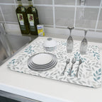 Dish Drying Mats for Kitchen Counter 16x18inch，Grey and Blue Leaves branches Dish Drying Mat for Kitchen Dishes Pad Dish Drainer Rack Mats Absorbent Fast Dry Kitchen Accessories