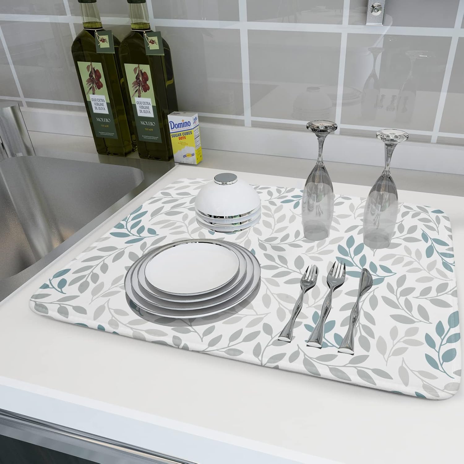 Dish Drying Mats for Kitchen Counter 16x18inch，Grey and Blue Leaves branches Dish Drying Mat for Kitchen Dishes Pad Dish Drainer Rack Mats Absorbent Fast Dry Kitchen Accessories