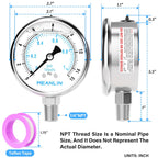 MEANLIN MEASURE 0~15Psi Liquid Filled Pressure Gauge Stainless Steel with 316 Stainless Steel Joint 1/4" NPT 2.5" FACE DIAL for Water Oil Air Well Pump Tank Tire Pressure Test Lower Mount