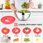 E-far Mixing Bowls with Lids Set, 7-Piece Stainless Steel Mixing Salad Bowls with 3 Grater Attachments, Size 4.6, 3.5, 2.6, 2, 1.5, 1, 0.7QT, Nesting Design & Red Airtight Lids, For Baking/Cooking
