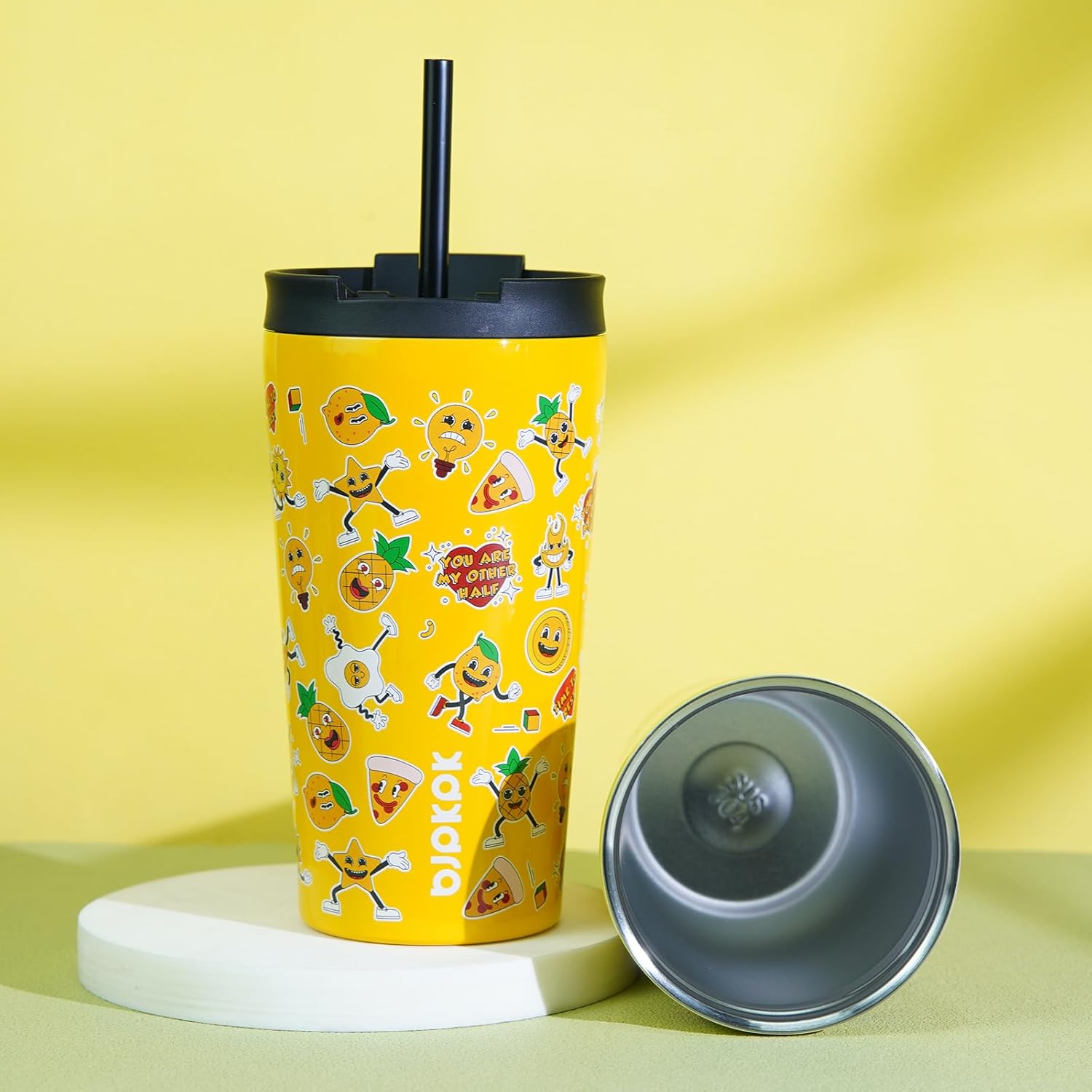 BJPKPK 18oz Insulated Tumbler With lid And Straw Stainless Steel Tumblers Travel Coffee Mug Reusable Thermal Cup,Hawaii Fruits Yellow