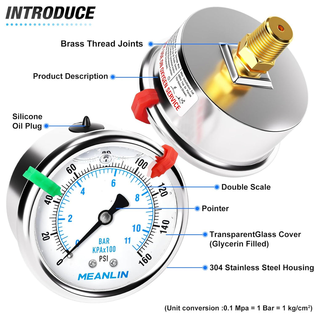 MEANLIN MEASURE 0~160Psi Liquid Filled Pressure Gauge 1/4" NPT 2.5" FACE DIAL Stainless Steel Glycerin Filled WOG Water Oil Air Back Mount (with 2PCS Snaps)