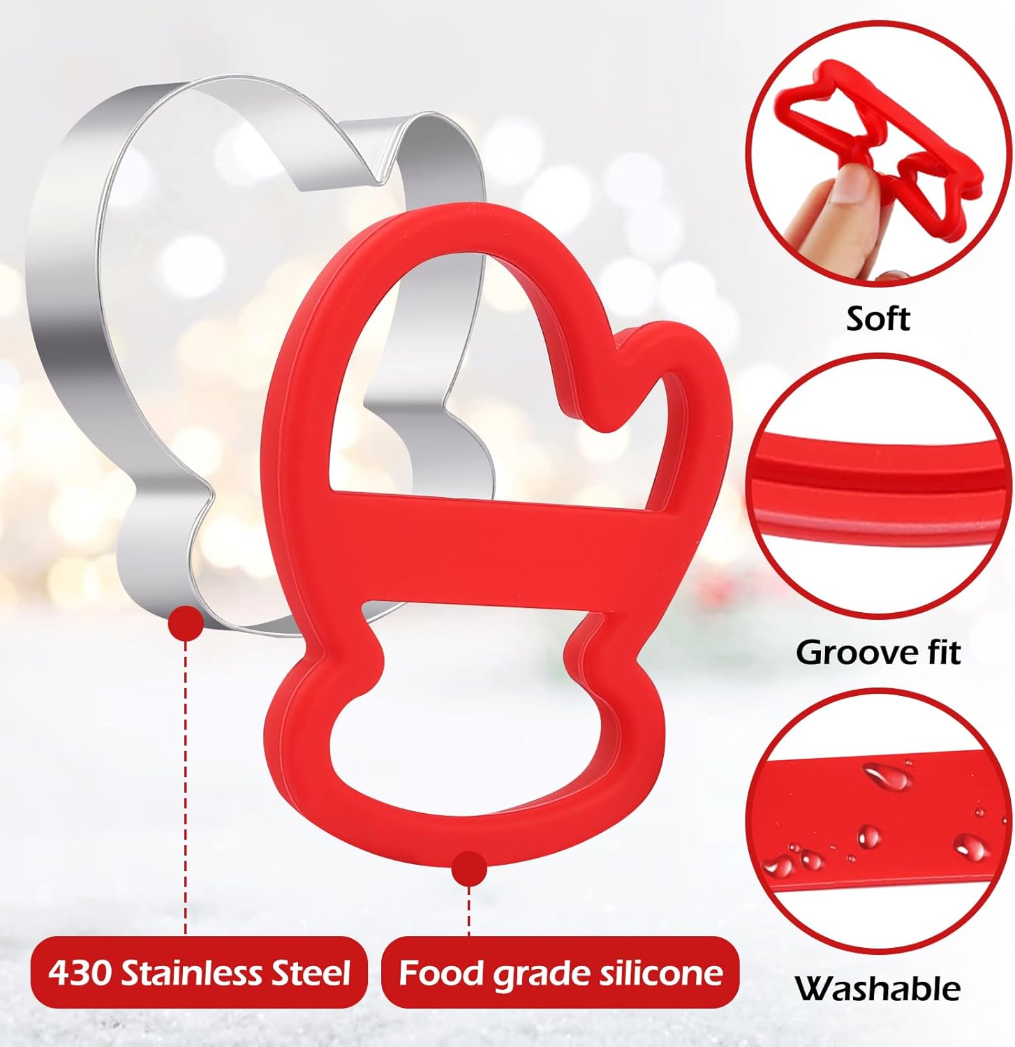 Christmas Cookie Cutters, 6 Pcs Holiday Cookie Cutter with Comfort Grip - Gingerbread Men, Christmas Tree, Snowflake, Santa Hat, Gloves, Snow Man Shapes Cookie Mold for Winter Holiday Party Supplies