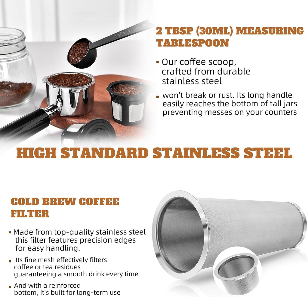 Cold Brew Coffee Maker - 64 oz Wide Mouth Mason Jar Pitcher with Stainless Steel Filter, Coffee Scoop, and Cleaning Brush -Glass Pitcher for Iced Coffee, Tea - Includes Pour Spout Handle Lid