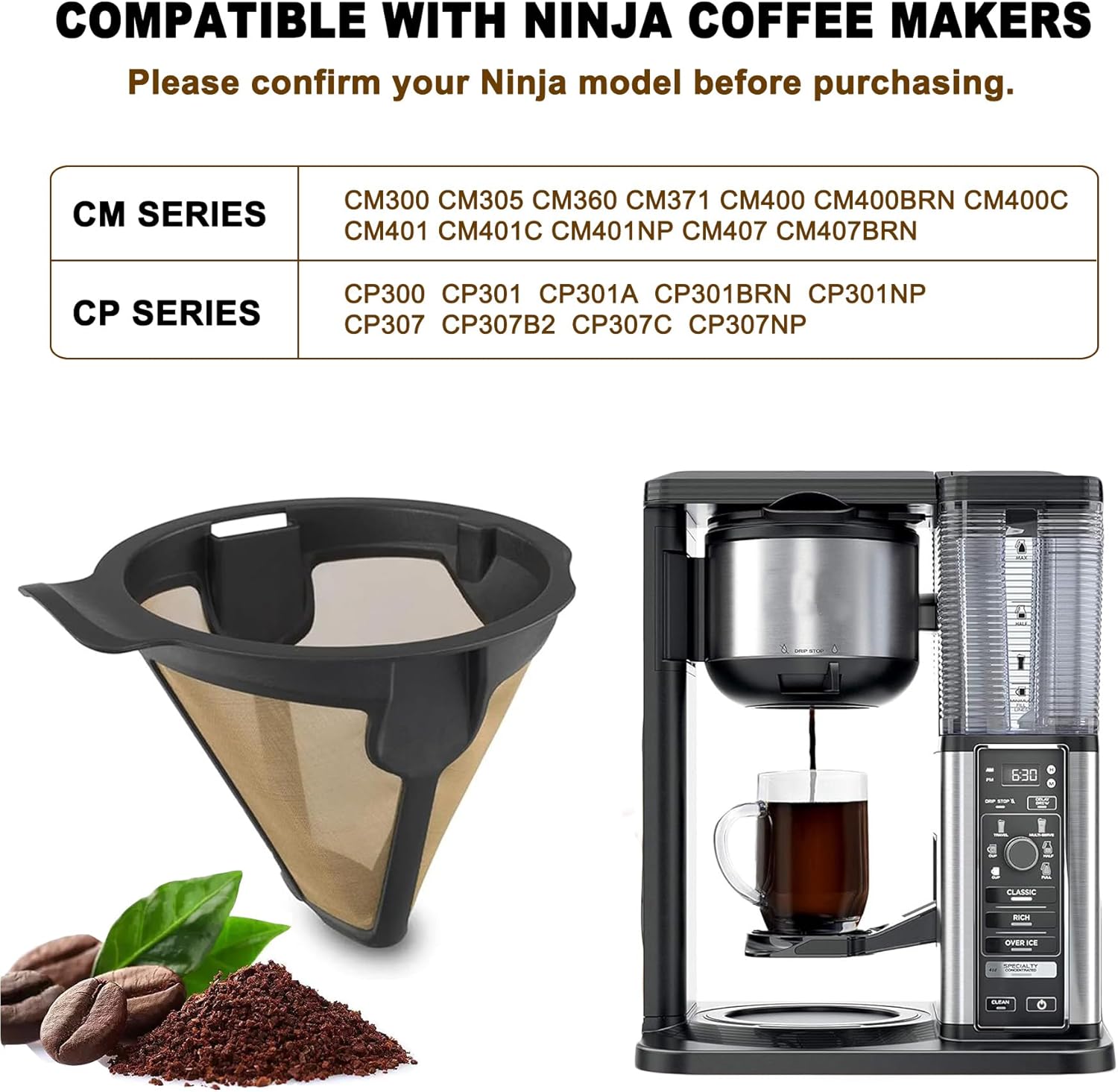 Reusable Coffee Filter Basket for Ninja, Stainless Steel Cone Coffee Permanent Filters, Replacement Parts for Ninja Coffee Maker CM300/305/401|CP300/301/305/307/307C
