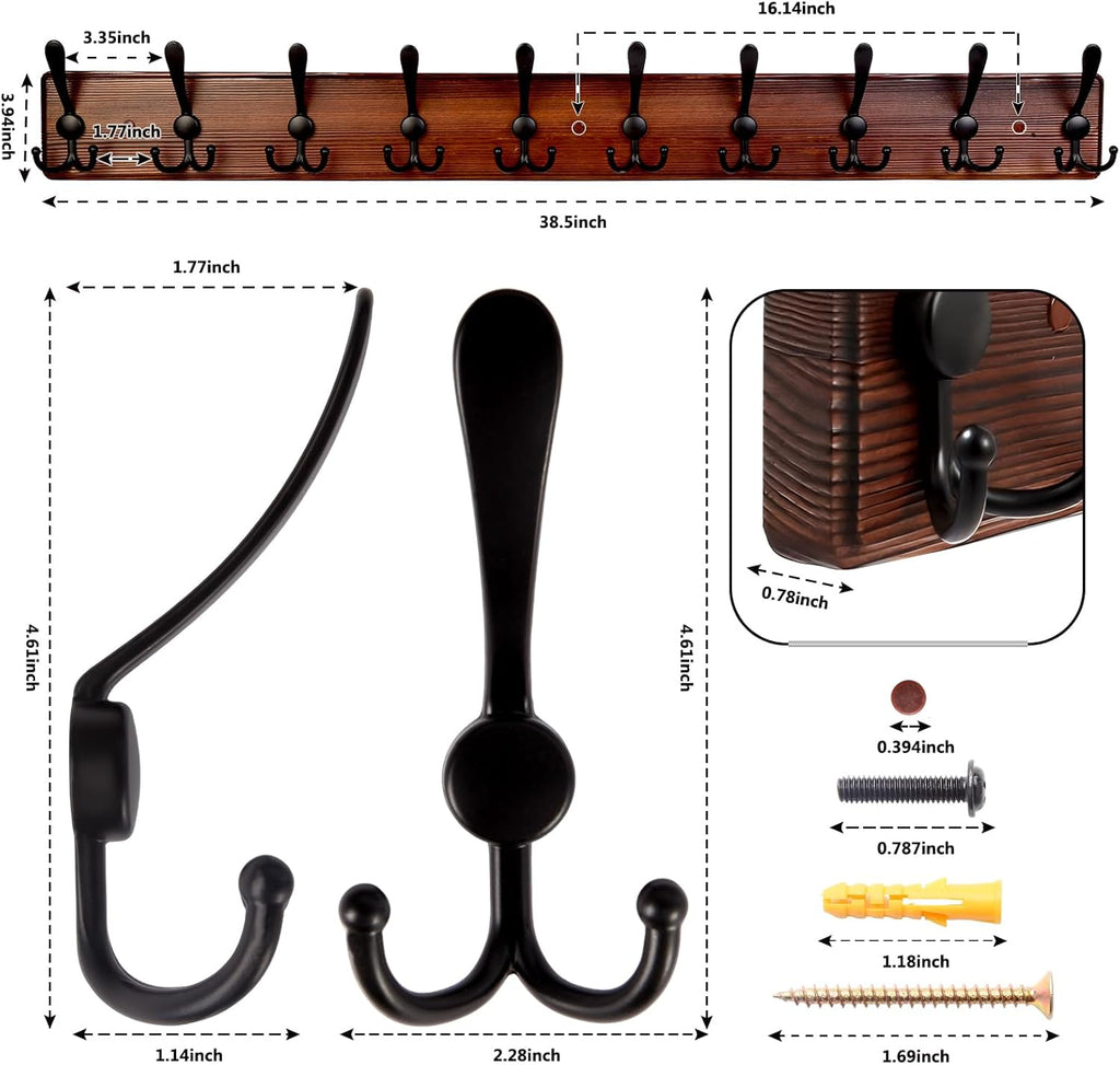 38.6'' Large Coat Rack Wall Mount Coat Hooks Coat Hanger with 10 Metal Black Triple- Hooks Brown Pine Real Wood Plank Hat Rack for Wall Hooks for Hanging Coat Hat Jacket