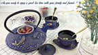 7PC Japanese Tea Set."Midnight Blue Koi" Cast Iron Tea Pot with 2 Tea Cups, 2 Saucers, Tea Infuser and Teapot Trivet. Ceremonial Matcha Accessories