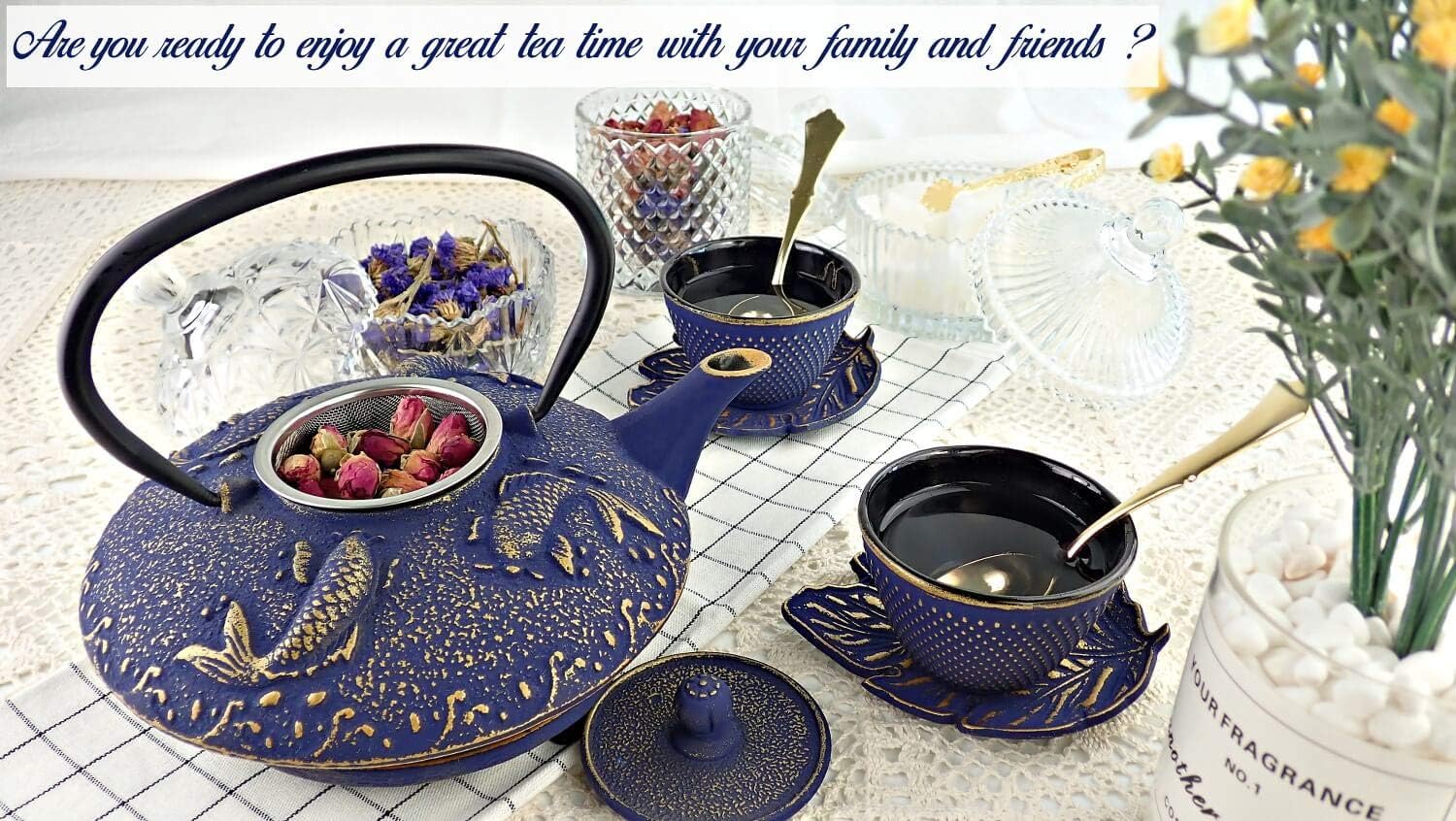 7PC Japanese Tea Set."Midnight Blue Koi" Cast Iron Tea Pot with 2 Tea Cups, 2 Saucers, Tea Infuser and Teapot Trivet. Ceremonial Matcha Accessories
