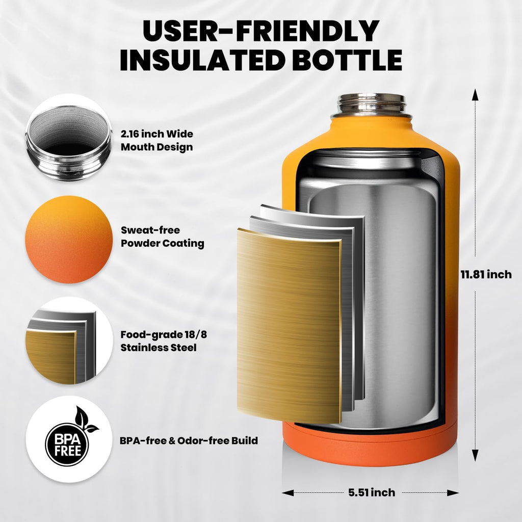 One Gallon Water Bottle Insulated, Triple Walled Vacuum Stainless Steel (Cold for 48 Hrs), Leak Proof & Non-BPA, Large Water Flask Jug with Paracord Handle & Straw Spout Lids