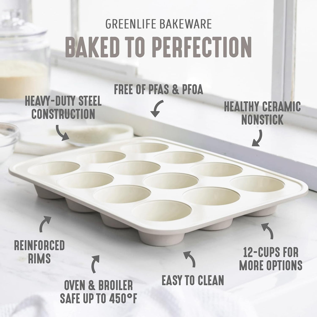 GreenLife 12-Cup Muffin Pan, Healthy Ceramic Nonstick Bakeware, PFOA & PFAS-Free Cupcake Tray, Durable Baking Pan, Versatile Kitchen Essential, Easy Clean Muffin Mold, Nonstick Baking Sheet, Taupe