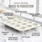 GreenLife 12-Cup Muffin Pan, Healthy Ceramic Nonstick Bakeware, PFOA & PFAS-Free Cupcake Tray, Durable Baking Pan, Versatile Kitchen Essential, Easy Clean Muffin Mold, Nonstick Baking Sheet, Taupe