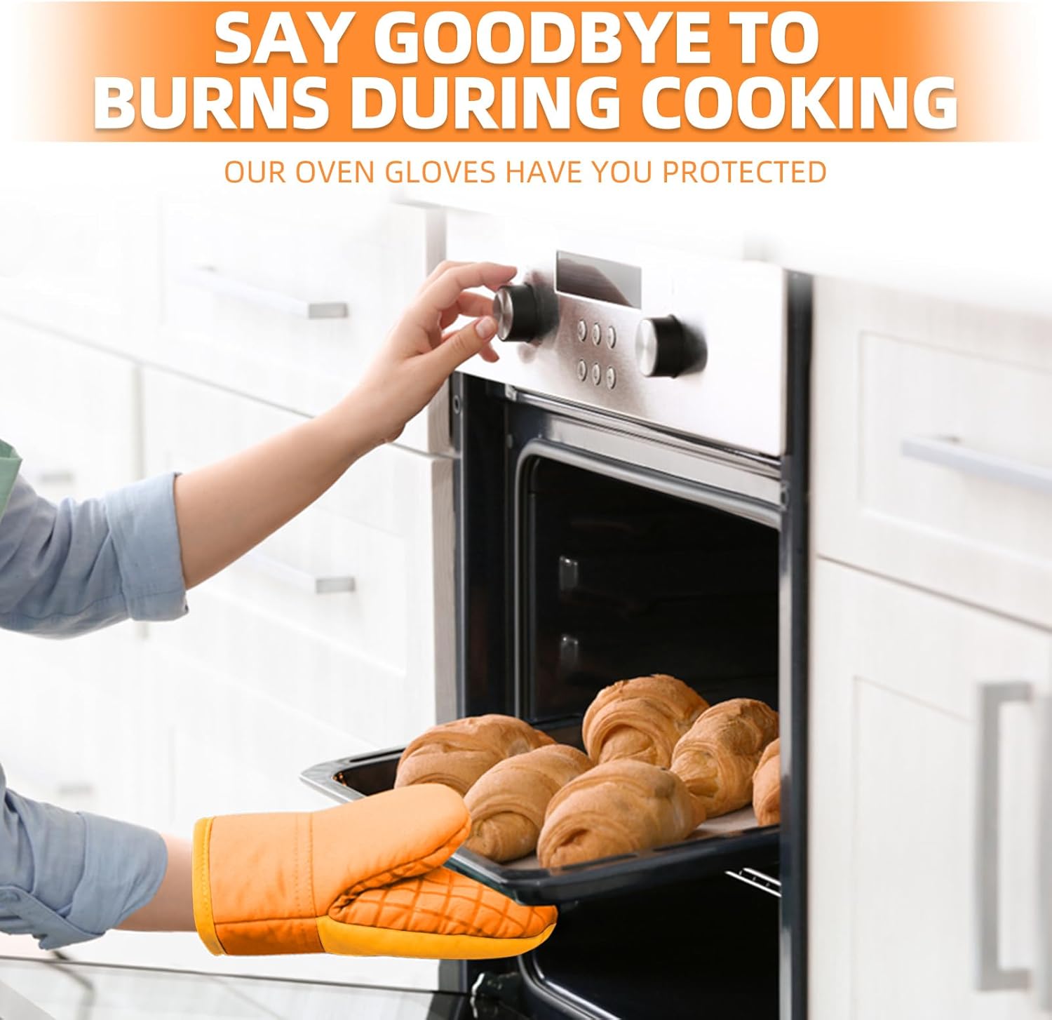 Mini Oven Mitts, Kitchen Oven Gloves Kitchen Mittens 500 Degrees Heat Resistant Baking Gloves, Non-Slip Silicone Surface with Hanging Loops Hot Gloves for Cooking, Baking, BBQ 1 Pair-Orange