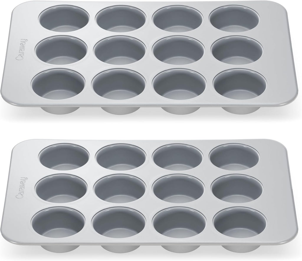Caraway Non-Stick Ceramic 12-Cup Muffin Pan Duo - Naturally Slick Ceramic Coating - Non-Toxic, PTFE & PFOA Free - Perfect for Cupcakes, Muffins, and More - Gray
