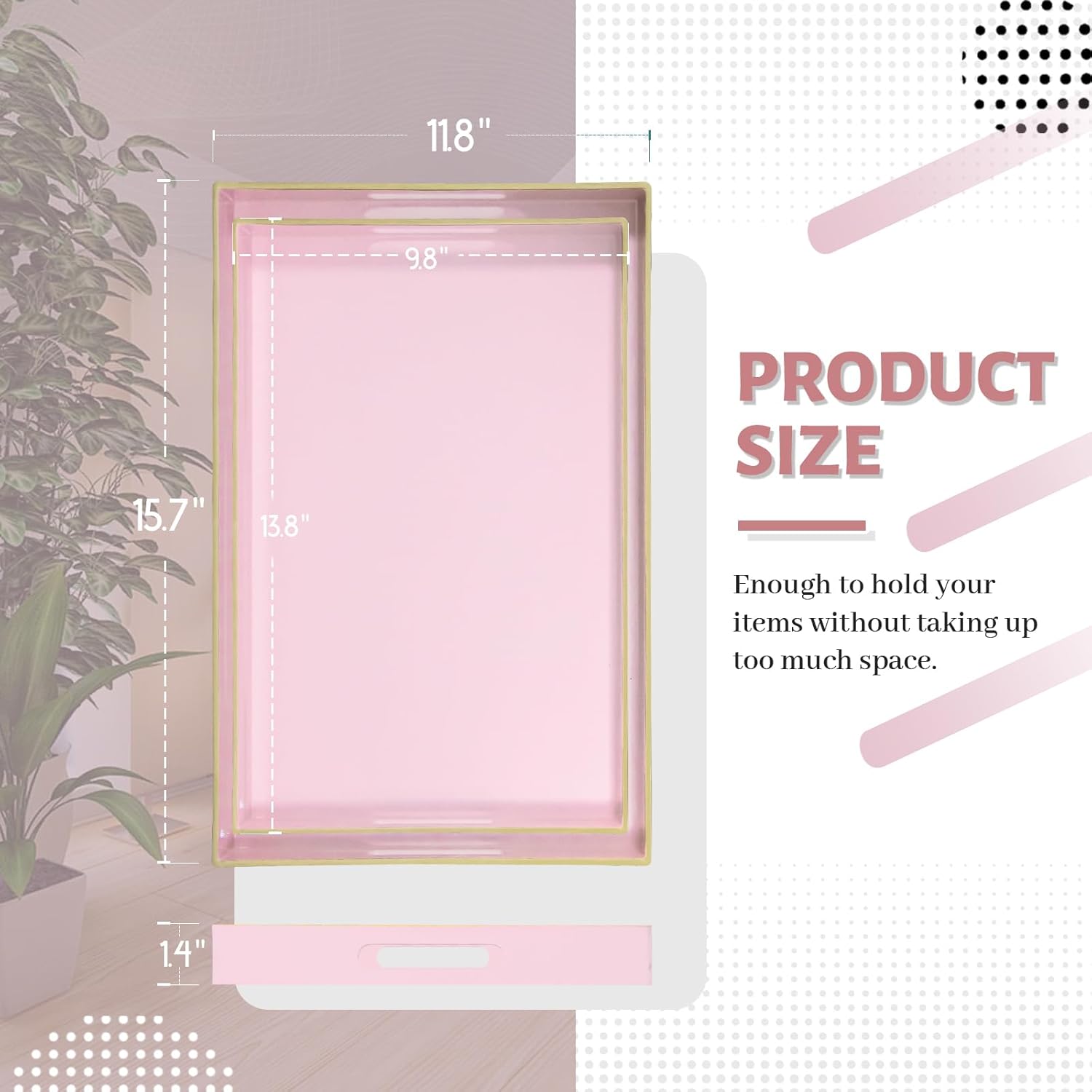 MAONAME Pink Serving Tray Set of 2, Plastic Decorative Trays with Handles, Rectangular Coffee Table Tray for Ottoman, Nesting Trays for Living Room, Bedroom