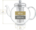 Teabloom Heritage Borosilicate Glass Teapot – 40 oz Classic Round Design with Stainless Steel Infuser – Stovetop Safe, Drip-Free Spout, Durable Heat-Resistant Tea Kettle for Loose Leaf or Teabags