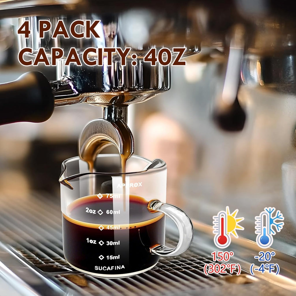 Espresso Cups 4-Piece set, 4 OZ Double Spout Cup with Handle, Espresso Shot Glass with V-Shaped Spout for Espresso Machine, Milk Cup (Espresso Cup Graduated)