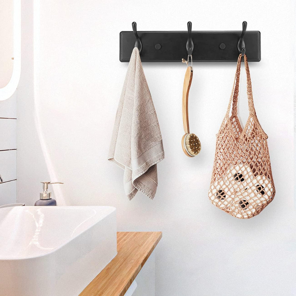 Wooden Coat Rack, Wall-Mounted Organizer for Closet, Entryway, Hallway, Foyer, Bedroom, Heavy Duty Double Hooks for Hanging Towels, Bags, Hats, Jackets, Key (Black, 3 Hooks)