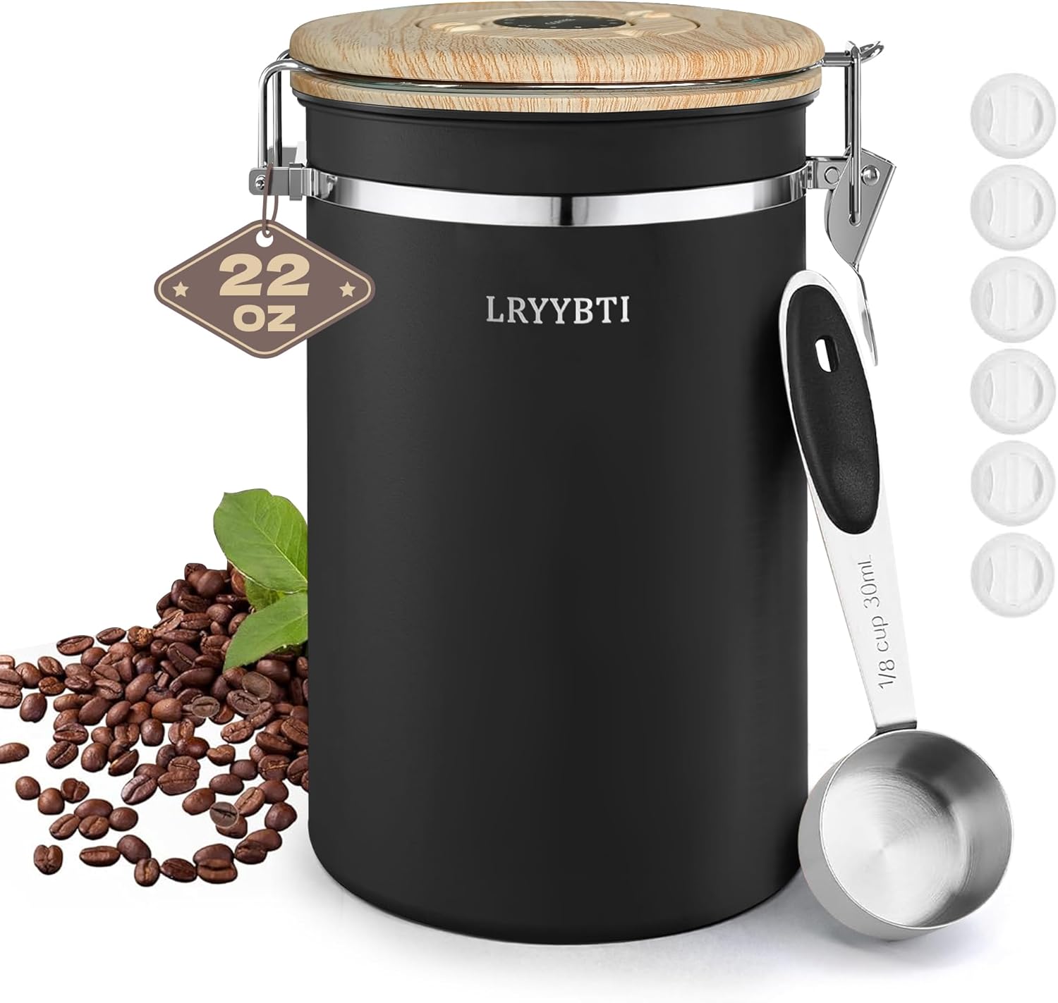 Airtight Coffee Canister,Stainless Steel Coffee Bean Storage Container with Scoop Date Tracker & CO2 Release Valve for Beans, Grounds and more- Black