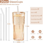 GOSCHE Glass Cups with Lids and Straws, 20oz Drinking Jar Glass Tumbler Iced Coffee Cups Set, Vintage Ripple Glassware Smoothie Cups for Water Coffee Tea, Amber, 2 Pcs
