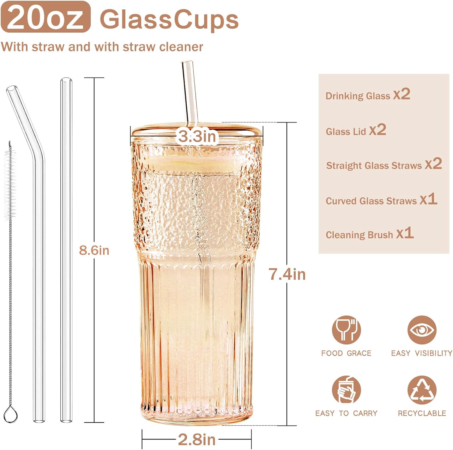 GOSCHE Glass Cups with Lids and Straws, 20oz Drinking Jar Glass Tumbler Iced Coffee Cups Set, Vintage Ripple Glassware Smoothie Cups for Water Coffee Tea, Amber, 2 Pcs