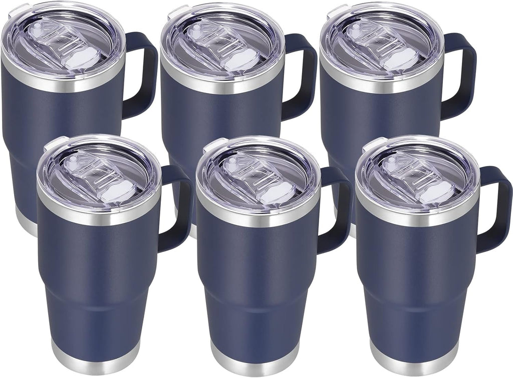 VEGOND 20 oz Tumbler Bulk with Handle Lid and Straw, Stainless Steel Insulated Travel Coffee Mug Set, Spill Proof Double Wall Metal Tumblers Cups, Navy Blue 6 Pack