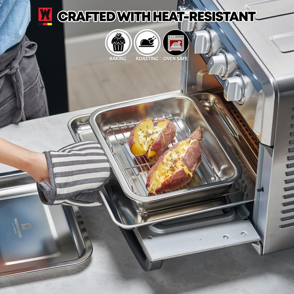 Stainless Steel Casserole Pan or Food Prep Container with Rack & Lid (Tray), 3.5Quarts, Buffet Party Pans, Roasting Pan with Rack, Bakeware, Roaster, Oven-safe, Freezer-friendly (1306 / No6)