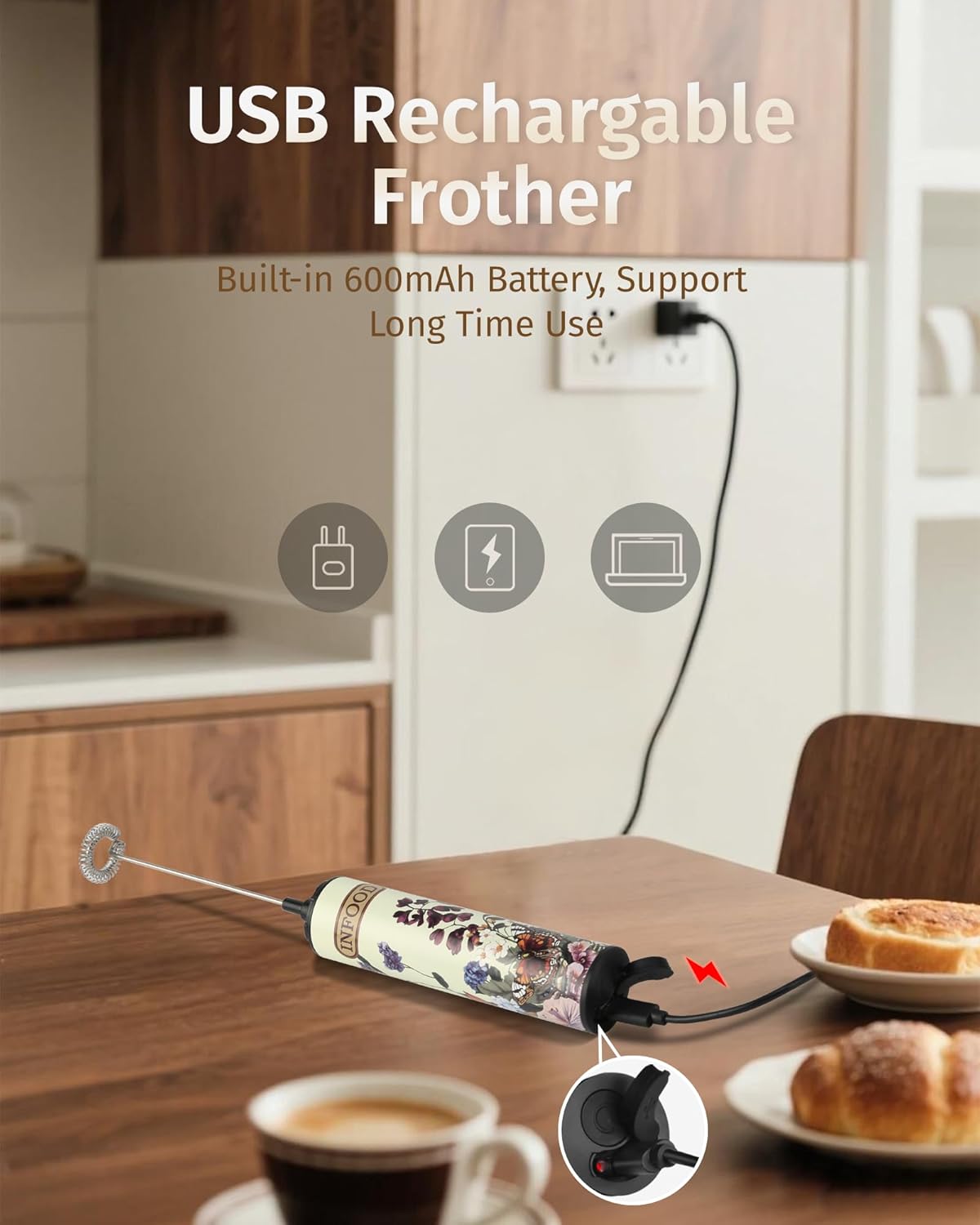 Milk Frother Rechargeable with Cover - Coffee Frother Wand, Drink Mixer Handheld with 2 Detachable Stainless Whisks 2 Speed Adjustable for Latte, Cappuccino, Hot Chocolate, Egg, Vintage Floral