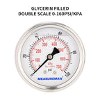 MEASUREMAN 2-1/2inch Dial Size, Glycerin Filled Pressure Gauge, 0-100psi/kpa, 304 Stainless Steel Case, 1/4 Inch NPT Center Back Mount