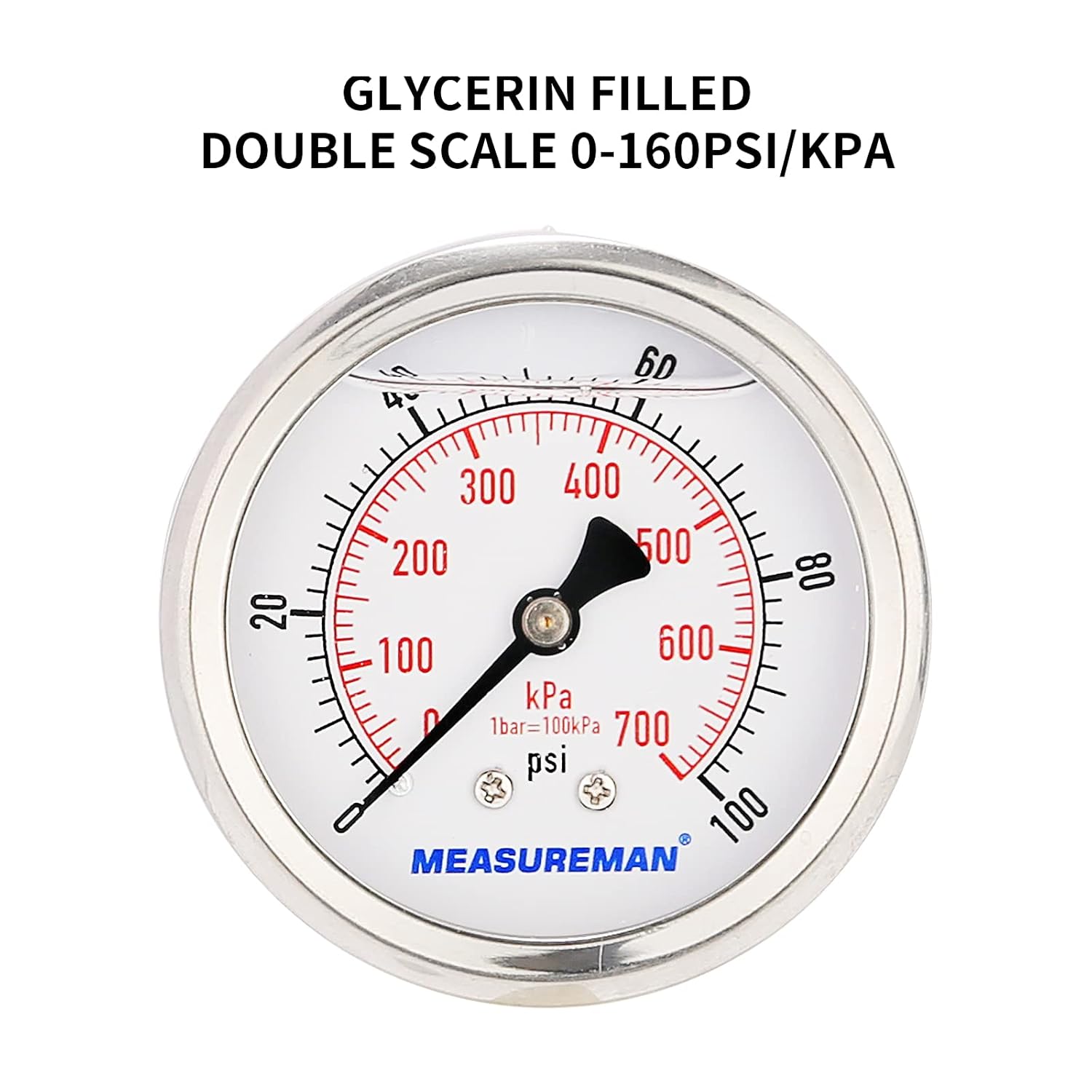 MEASUREMAN 2-1/2inch Dial Size, Glycerin Filled Pressure Gauge, 0-100psi/kpa, 304 Stainless Steel Case, 1/4 Inch NPT Center Back Mount