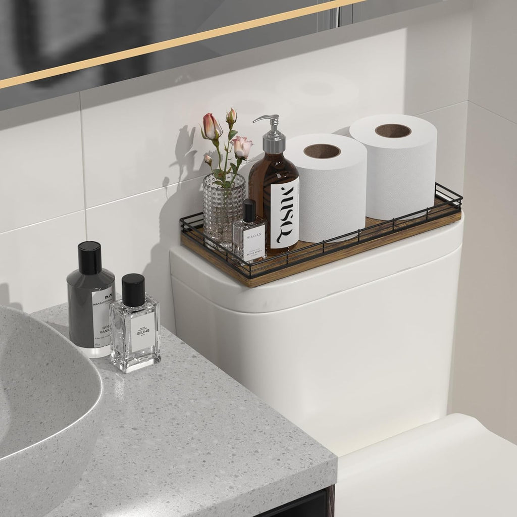 Bathroom Toilet Tank Tray, 13" Wood Storage Basket Back of Toilet Basket Organizer, Vanity Tray for Perfume Makeup Candle Kitchen Counter Coffee Table Bar Decor Rustic