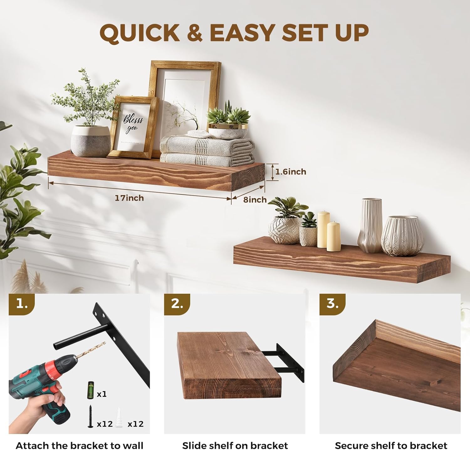 17x8x1.6 inch Floating Shelves Set of 2 – Solid Wood Rustic Brown Wall Mounted Shelf for Kitchen, Bathroom, Living Room