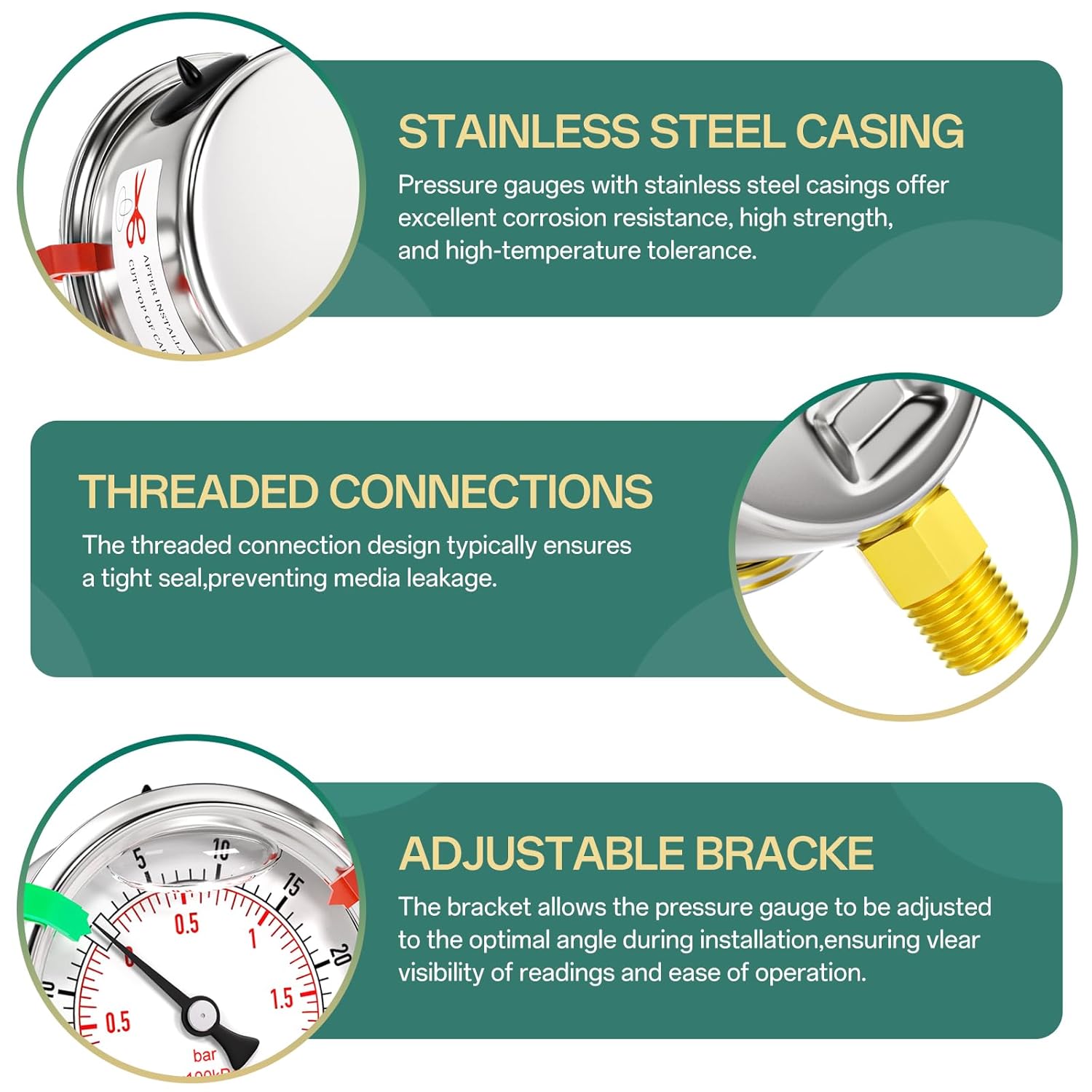 Glycerin Filled Vacuum Pressure Gauge-30-30psi Stainless Steel 1/4" NPT 2.5" Dial, for LowerMounting Designed for Pressure Testing of Water, Oil and Air (with Range Mark Pointer)