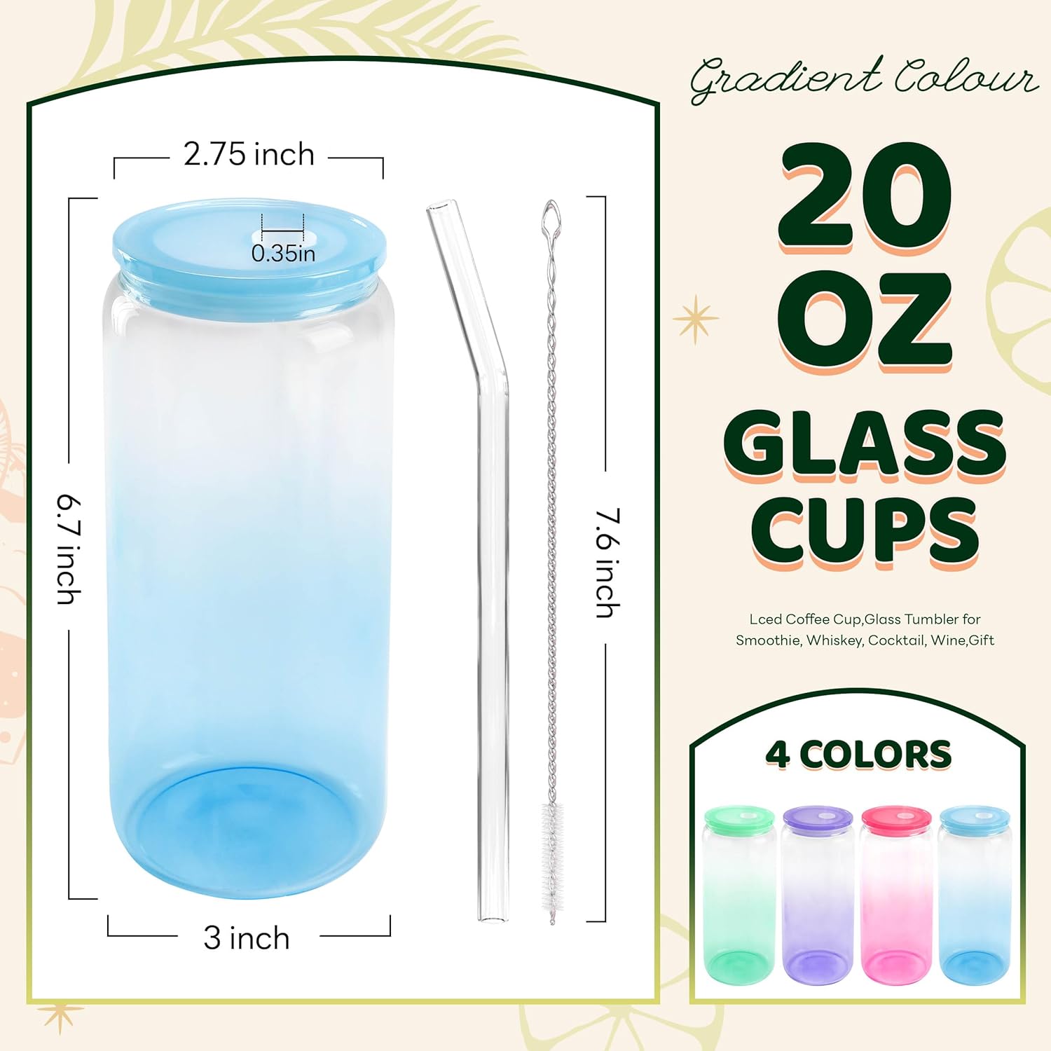 Joyclub 20oz Glass Cups with Acrylic Lids and Straws 12 Set Can Shaped Glass Iced Coffee Cups with Lids, Gradient Drinking Glasses Cute Tumbler Cup Great for Smoothie Soda Boba Tea Cocktail Beer Gift