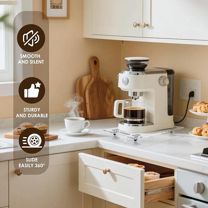 360° Sliding Tray for Coffee Maker & Kitchen Appliances - Silent Rubber Wheels, Clear Acrylic Organizer Tray for Under Cabinet - Space Saving Countertop Accessory, 13x14 Inch (Clear)