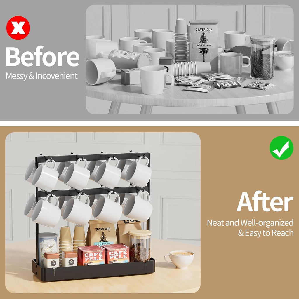 Coffee Mug Holder with 16 Movable Hooks, Metal Coffee Cup Holder for Countertop, 2 Tier Mug Rack with Storage Shelf for Kitchen Office Coffee Mug Rack