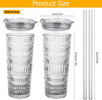 2 Pack Glass Tumblers with Lids and Straws 18oz: Leak-Proof Drinking Glasses with Airtight Lid, Stylish Water Ripple Design, Reusable Glass Iced Coffee Cups for Cold Drinks, Car Holder Fit