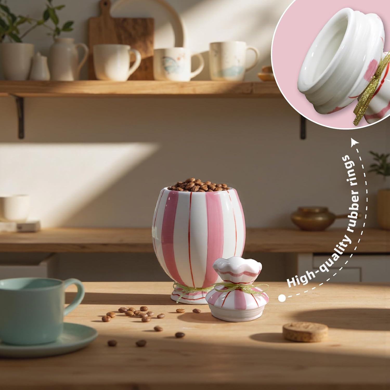 Cute Storage Jars with Airtight Lid, Funny Candy Shape Ceramic Food Container, Cookie Canister for Coffee Bean, Sugar, Tea, Spices, Cereal, Nuts, Dog Treat-700 ml / 23.7 oz(Pink Stripes)