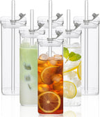 6 Sets Square Drinking Glass Cups, Old Fashioned Glasses, 17 Oz Square Glasses, Clear Highball Modern Glassware Tumbler Mixed Drinkware with Straws for Cocktail Coffee Juice Beer (Square-6PCS)