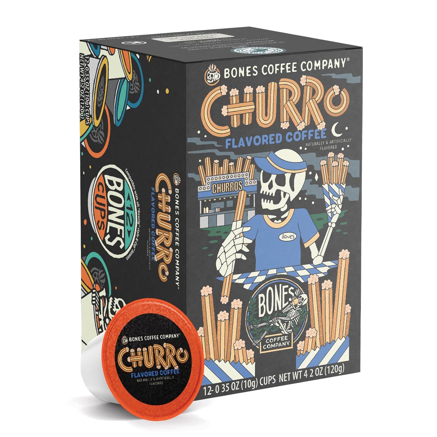 Bones Coffee Company Churro Flavored Coffee Pods, Low Acid Medium Roast Single-Serve Bones Cups, Compatible with 1.0 & 2.0 K-Cups Brewers Coffee Maker, 12 Count