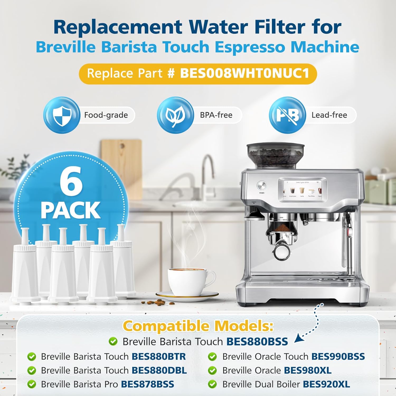 6 Pack Upgrade Water Filters Compatible with Breville BES880 Barista Touch, BES990 BES980 Oracle Touch and BES878 BES920 Bambino ClaroSwiss Sage Espresso coffee Machine, #BES008WHT0NUC1