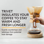 IMPRESA Coffee Pot Cover & Wooden Trivet Set - Chemex Compatible 6-Cup, 8-Cup Pour Over Carafe - Glass Maker Stand & Chemex Style Lid for Pour Over Coffee Systems