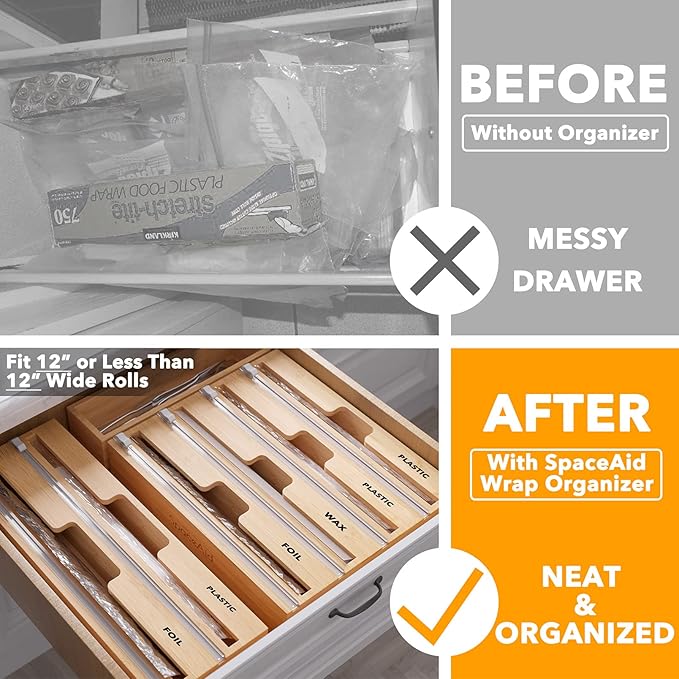 SpaceAid WrapNeat 4 in 1 Wrap Organizer with Cutter and Labels, Plastic Wrap, Aluminum Foil and Wax Bamboo Dispenser for Kitchen Storage Organization Holder for 12" Roll (Natural, 4-Slot)
